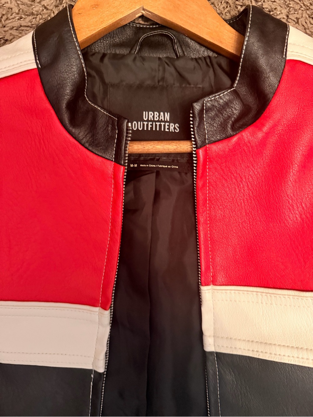 Urban Outfitters Red, Black & White Colorblock Faux Leather Bomber Jacket